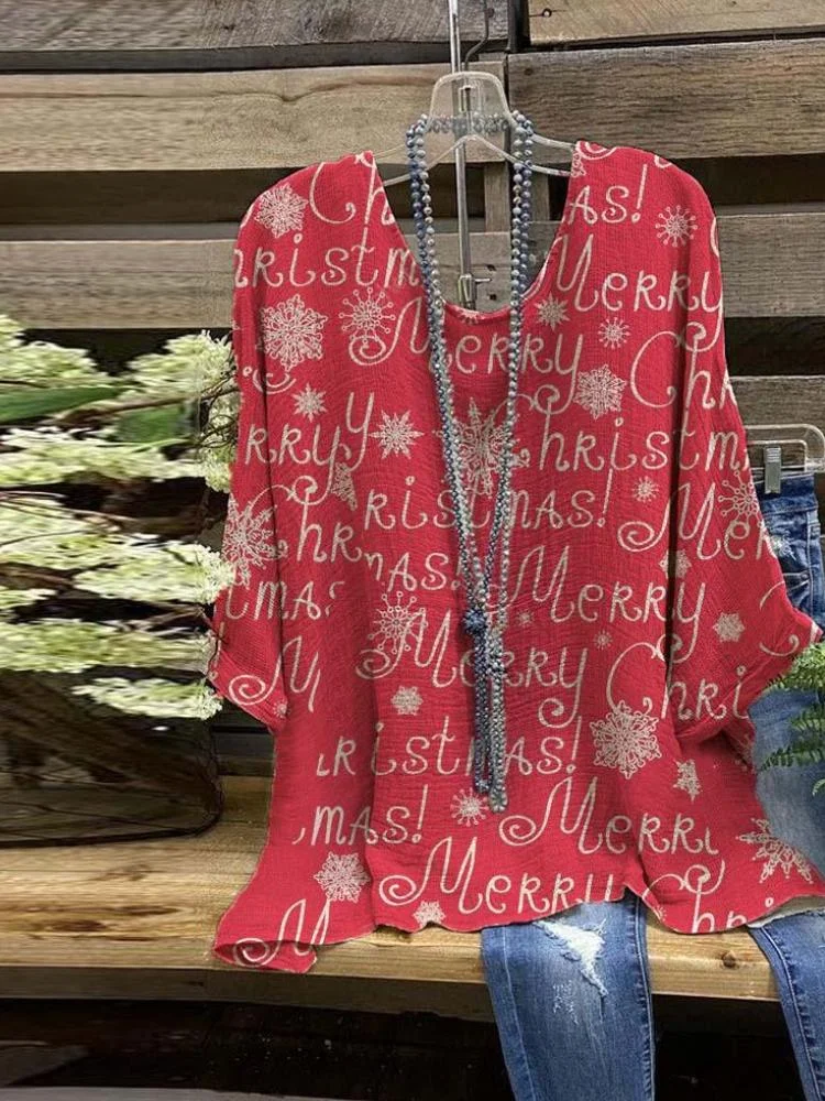 Women's Red Merry Christmas Printed Half Sleeve Top