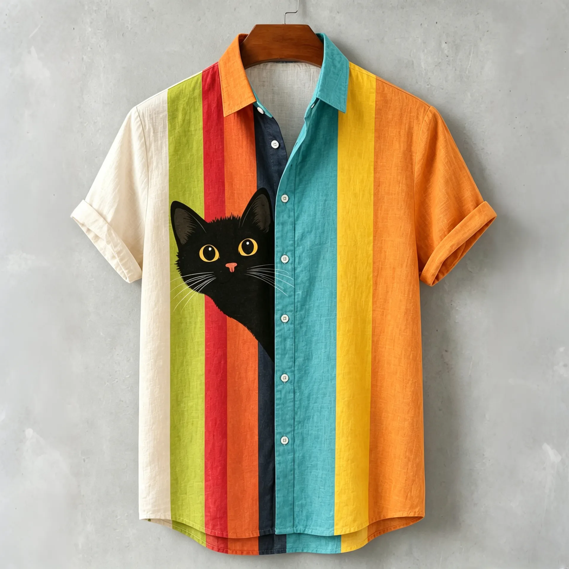 Men's Vintage Black Cat Contrast Stripes Art Print Casual Shirt  artssus