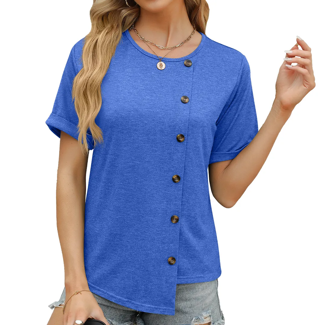 Churchf Churchf 2024 New Round Collar Button Irregular Splicing Loose T-Shirt Women