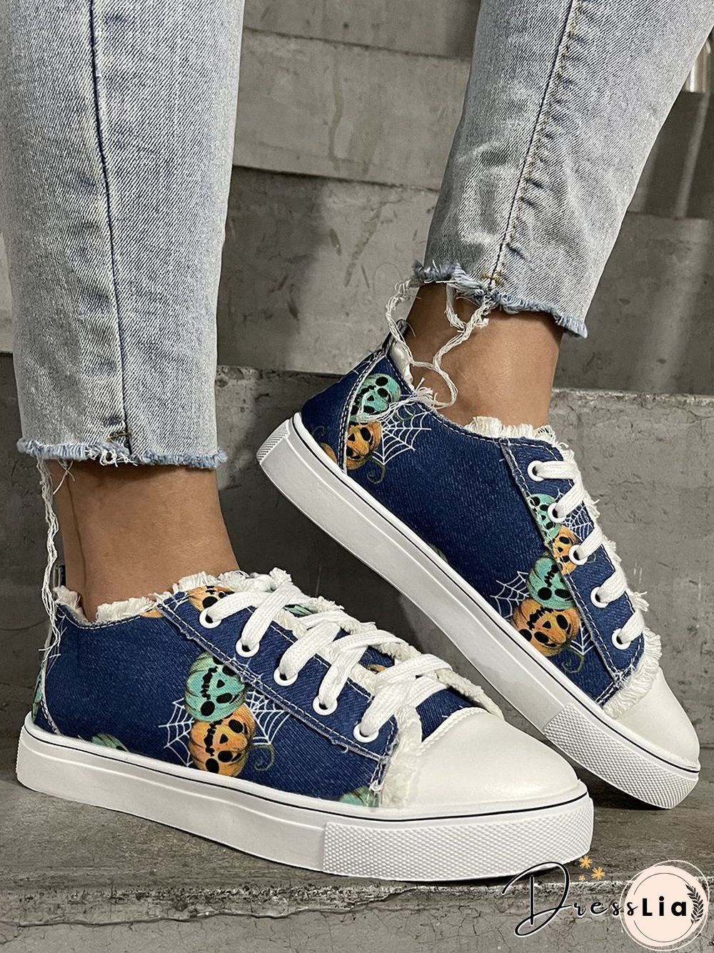Halloween Pumpkin Spider Web Print Distressed Canvas Flats