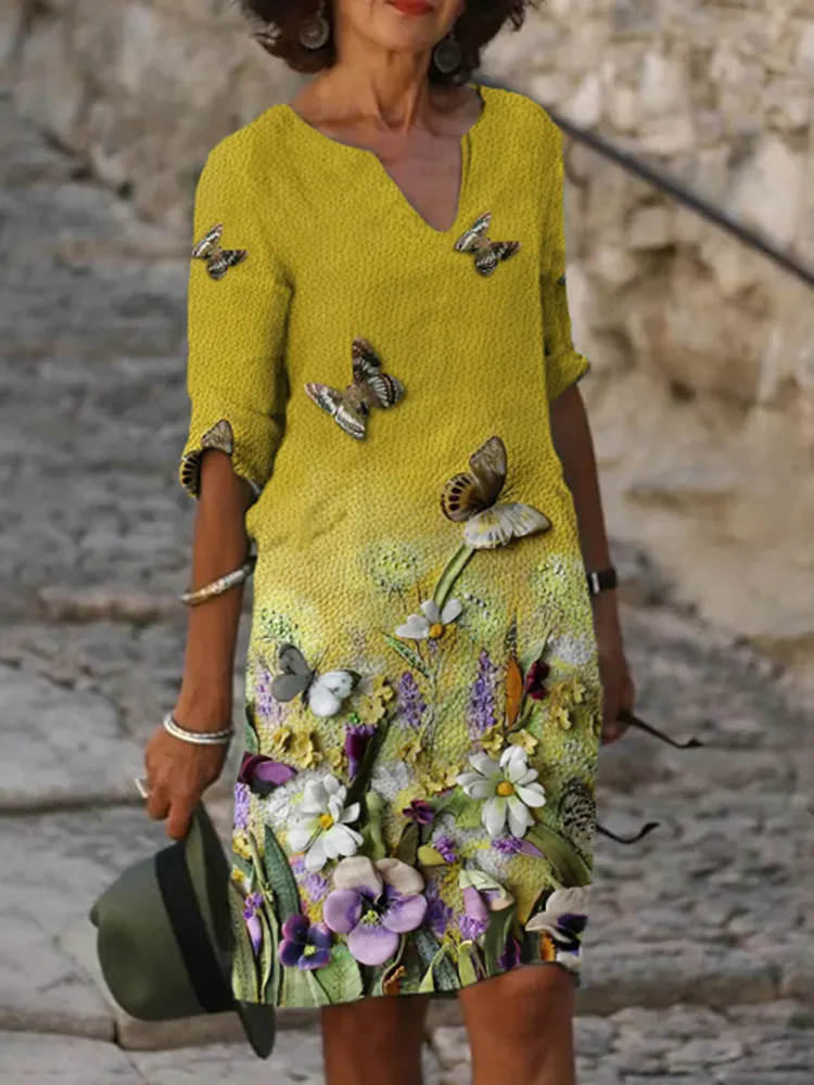 Butterfly Floral Print V-Neck Casual Midi Dress
