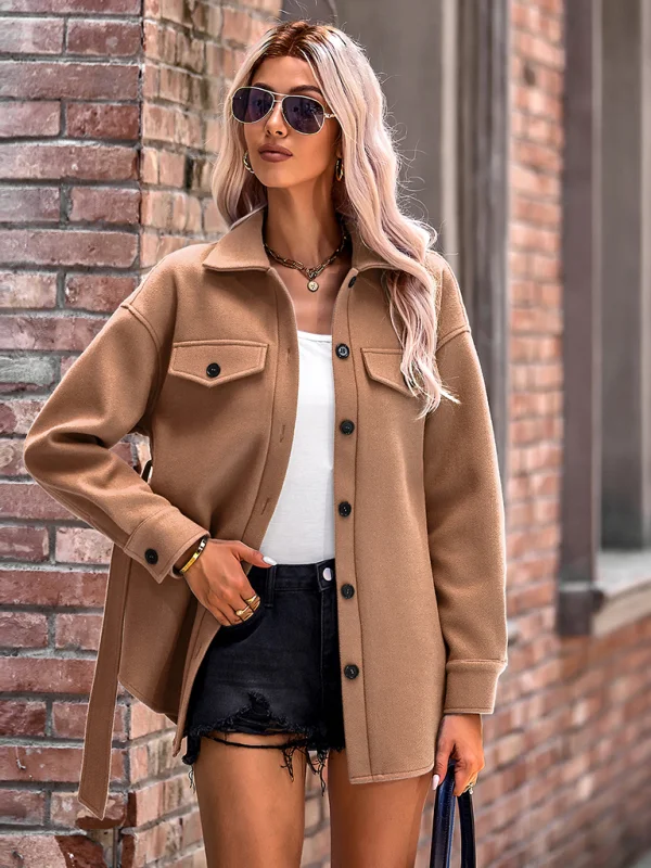 Women's fashionable casual lace up woolen jacket Flusfy