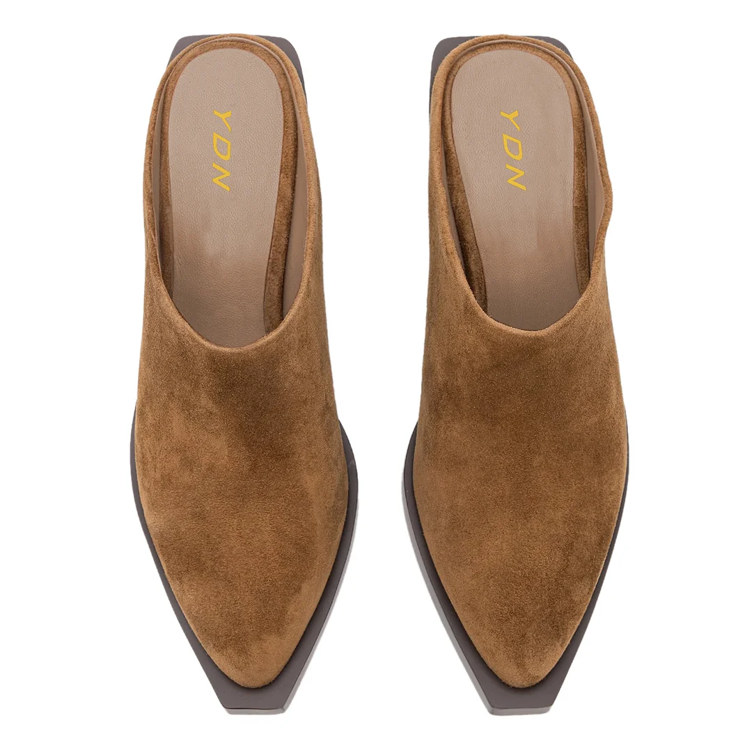 Vintage Brown Faux Suede Snip Toe Block Heel Mules for Women