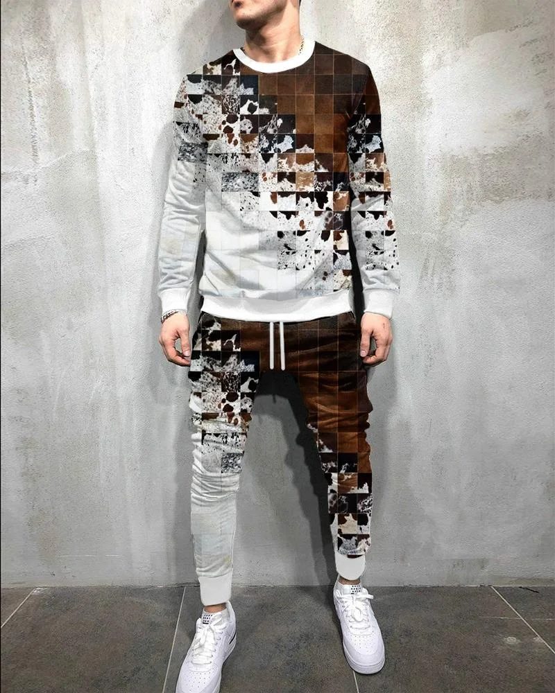 Men's Fashion Brown Graphics Printing Long-sleeved Suit