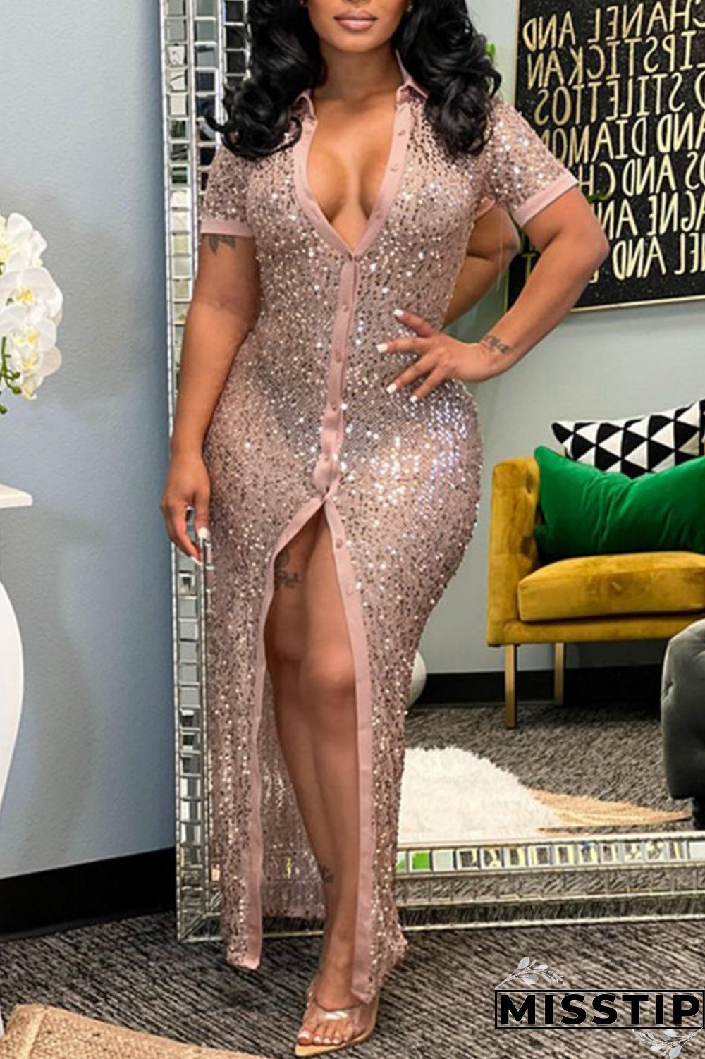 Champagne Sexy Patchwork Sequins Slit Turndown Collar Short Sleeve Dress Dresses