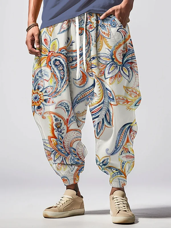 Men's Indian Paisleys Pattern Art Print Loose Drawstring Waist Sweatpants