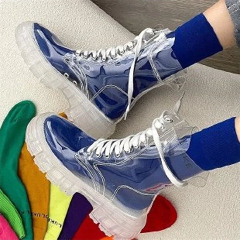 Graduation Gifts  2023 Fashion Women Pu Transparent Platform Boots Waterproof Ankle Boots Feminine Clear Thick Bottom Rainboots  Female Shoes