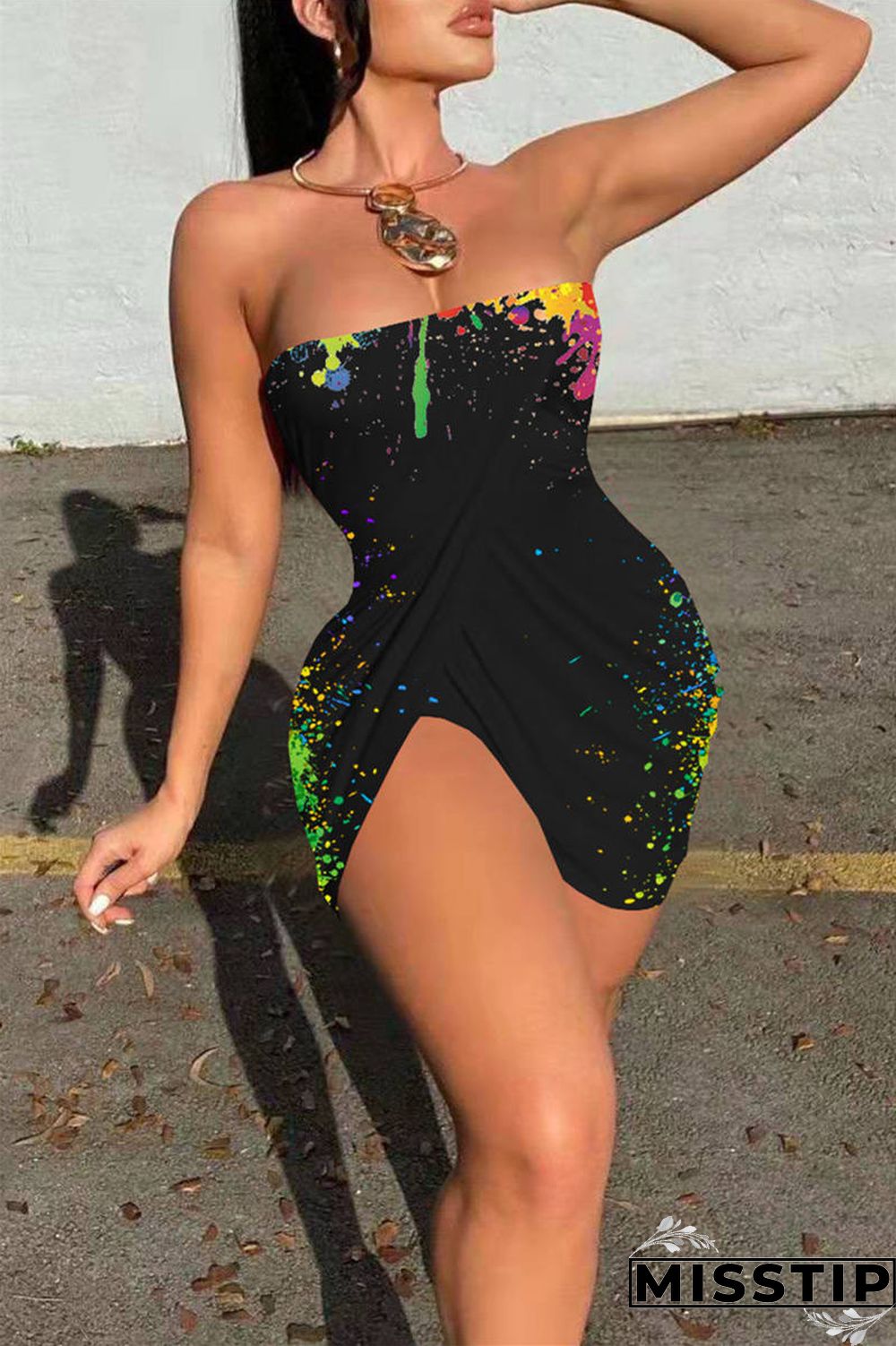 Colorful Blue Sexy Print Backless Asymmetrical Strapless Sleeveless Dress
