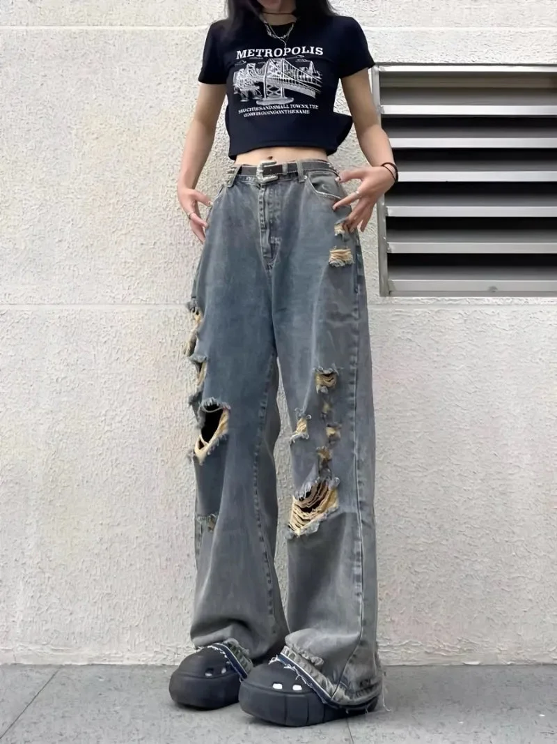 Nncharge Summer Ankle Length Pants Wide Leg Hole Jeans Straight Denim Pockets American Vintage High Street Pantalones Women