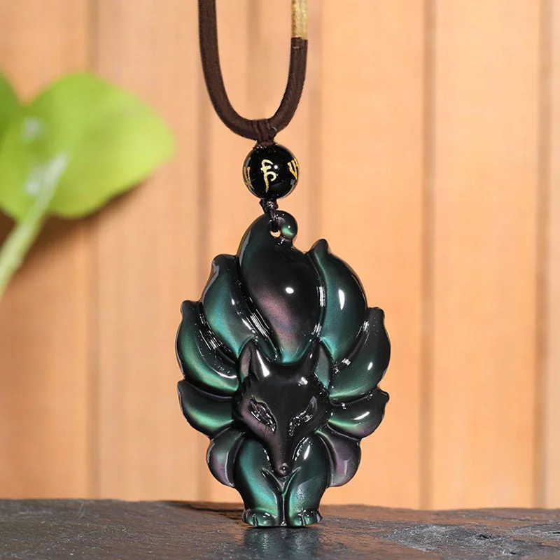 Natural Rainbow Obsidian Gold Sheen Obsidian Nine Tailed Fox Positive Necklace Pendant