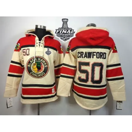 Blackhawks #50 Corey Crawford White Sawyer Hooded Sweatshirt 2015 Stanley Cup Stitched NHL Jersey