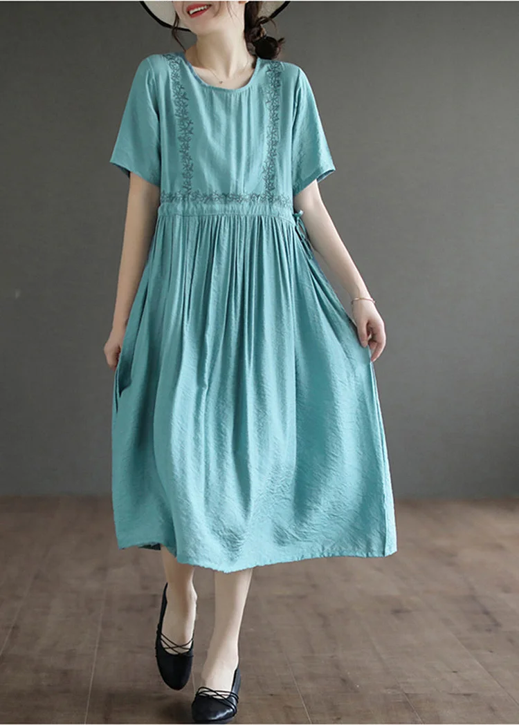 Lake Blue Cotton Maxi Dress Embroideried Summer