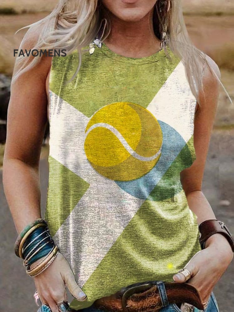 Women’s Sport Tennis Print Casual Tank Top White / S