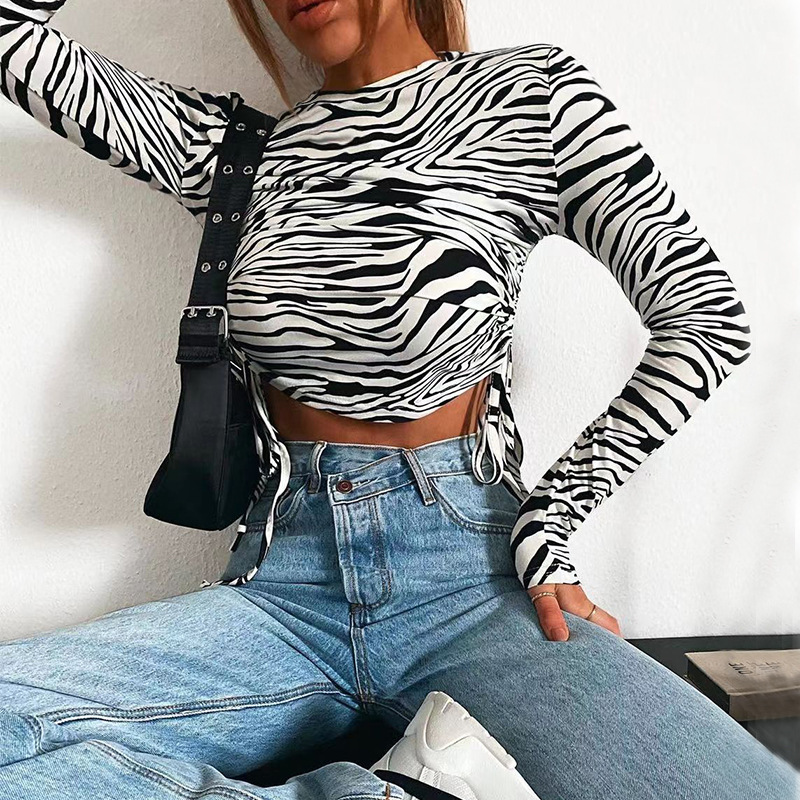 Women's Fashion Round Neck Striped Sexy Long Sleeve Blouses