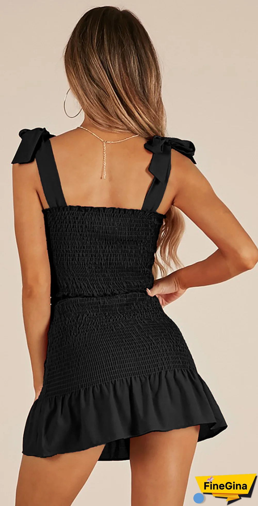 Black Shoulder-Ties Smocked Matching Sets