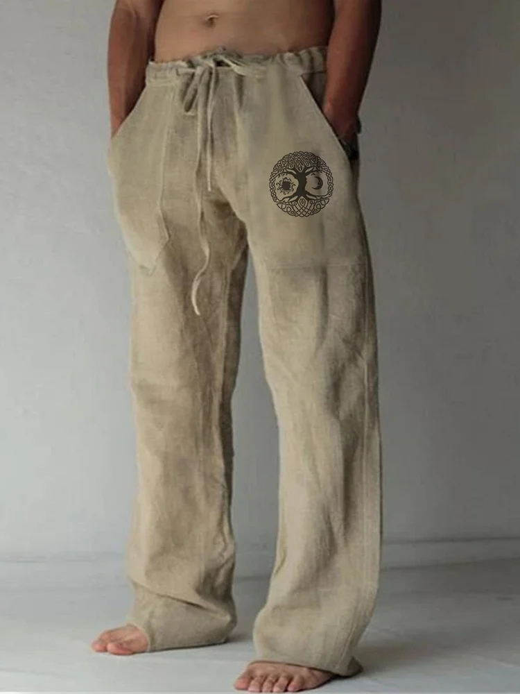 Men's printed cotton linen pants casual pants