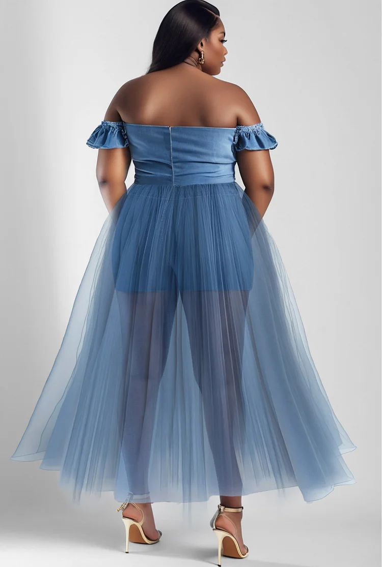Xpluswear Design Plus Size Party Blue Casual Off The Shoulder See Through Tulle Tencel Denim Midi Dresses [Pre-Order]
