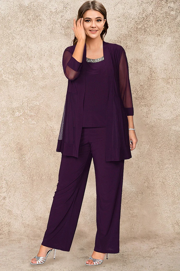 Flycurvy Plus Size Mother of The Bride Purple Mesh Sleeve Formal Three Pieces Set Pant Suit FlyCurvy Flycurvy [product_label]