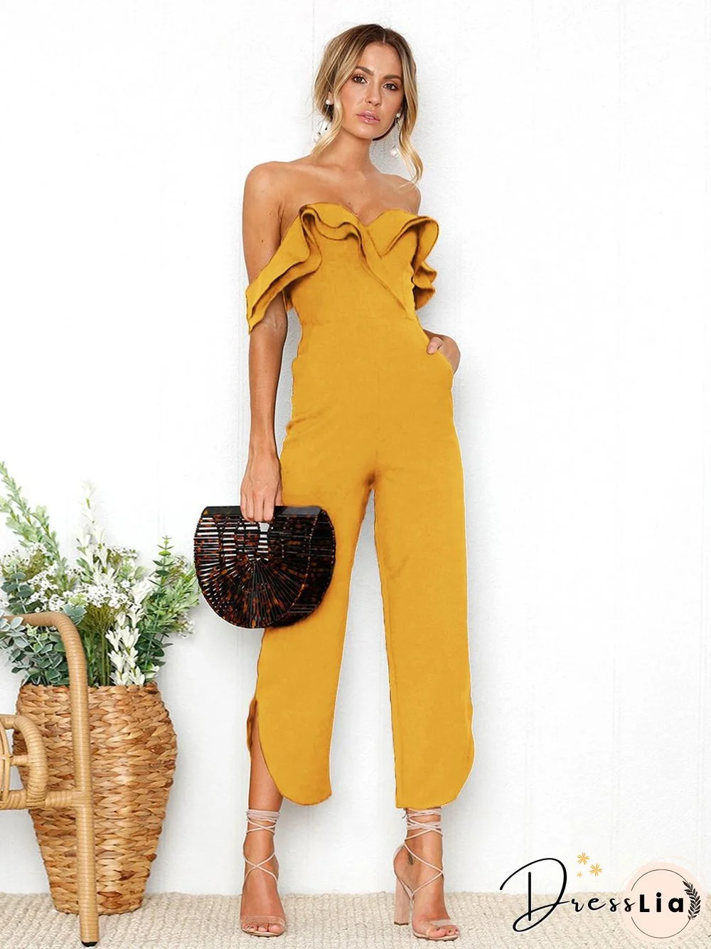 Black Sleeveless Plain Casual Off Shoulder Zip Back Jumpsuit