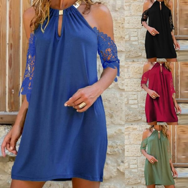 Women Summer Hollow Out Embroidery Lace Dress Halter Sleeveless A-Line Mini Dress - Shop Trendy Women's Clothing | LoverChic