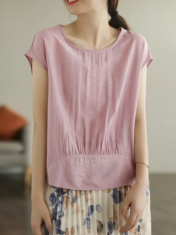 Minimalist 6 Colors Cap Sleeve Pure Color Pleated T-Shirt
