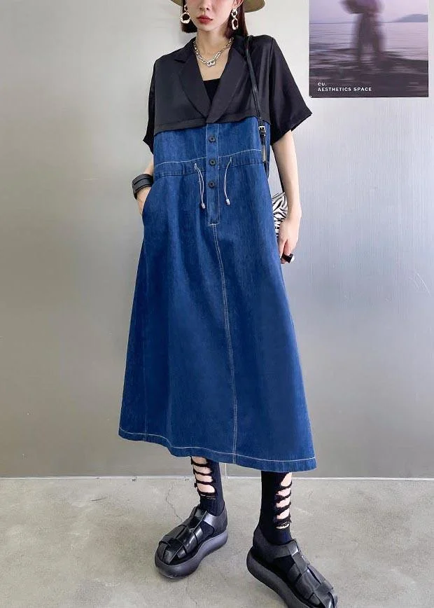 Beautiful Blue Patchwork Peter Pan Collar Vacation Dresses Summer