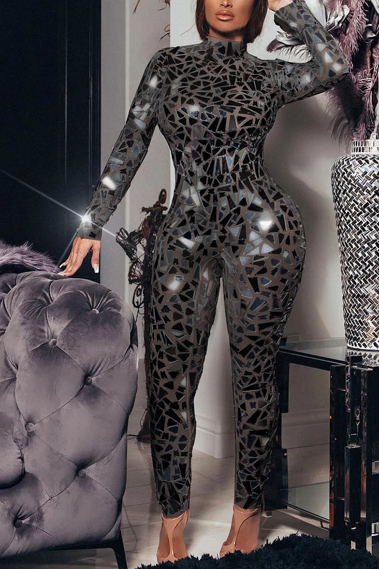 Plus Size Black Party Mirror Long Sleeves Jumpsuits [Pre-Order]