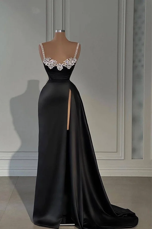 Daisda Black Sleeveless Spaghetti Straps Beads Mermaid Prom Dress