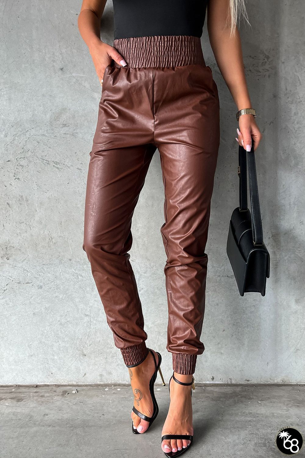 Smocked High-Waist Leather Skinny Pants | 168DEAL