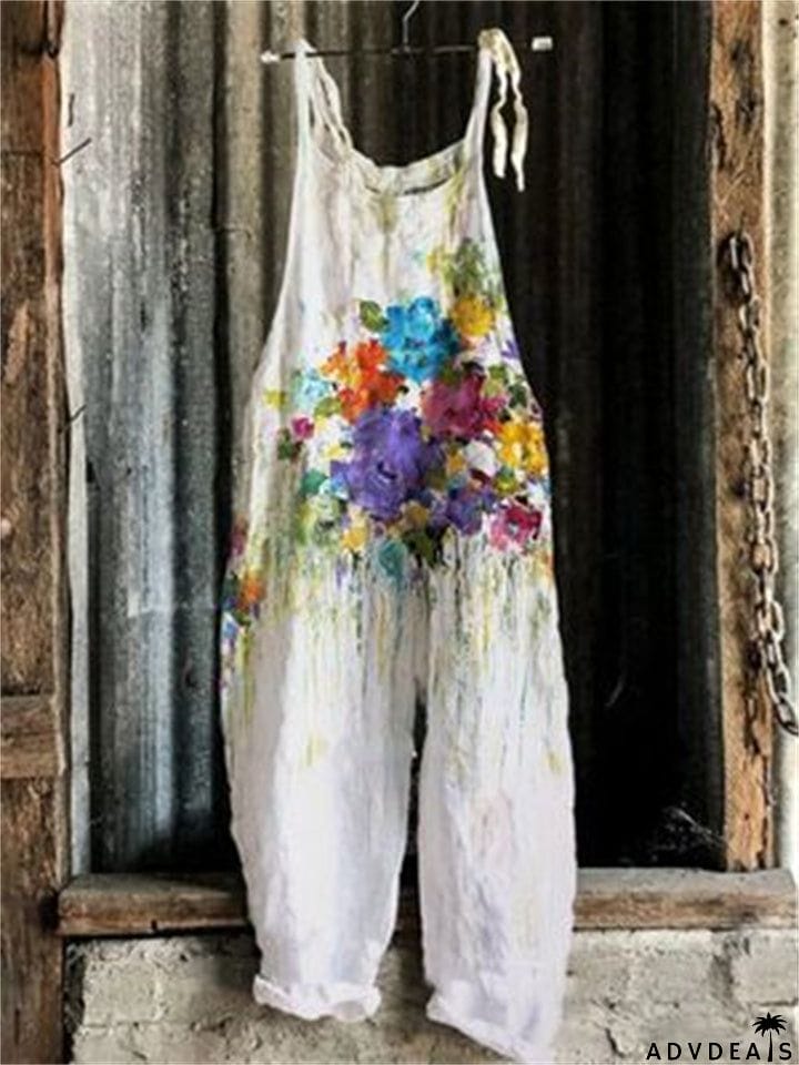 Square Neck All-Over Floral Print Sleeveless Sunflower Floral&nbsp;Overalls