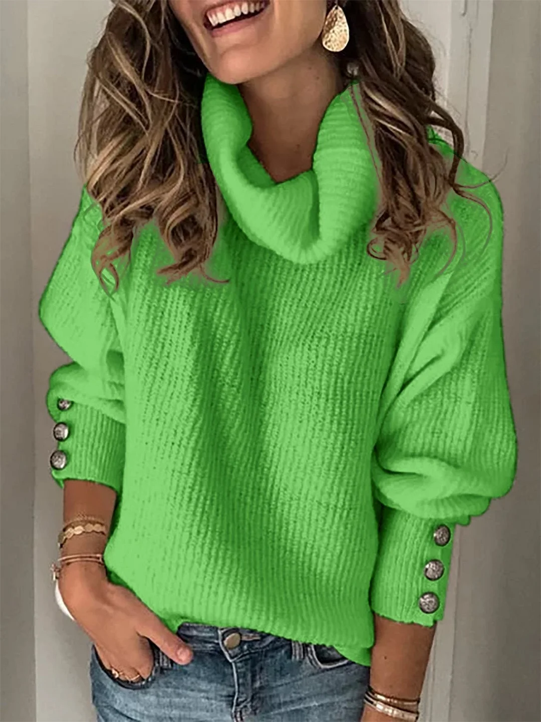 Casual Plus Size Cotton-Blend Vintage Turtleneck Long Sleeve Sweaters