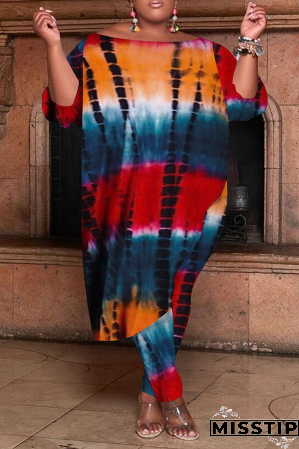 Orange Fashion Casual Tie Dye Asymmetrical O Neck Plus Size Two Pieces