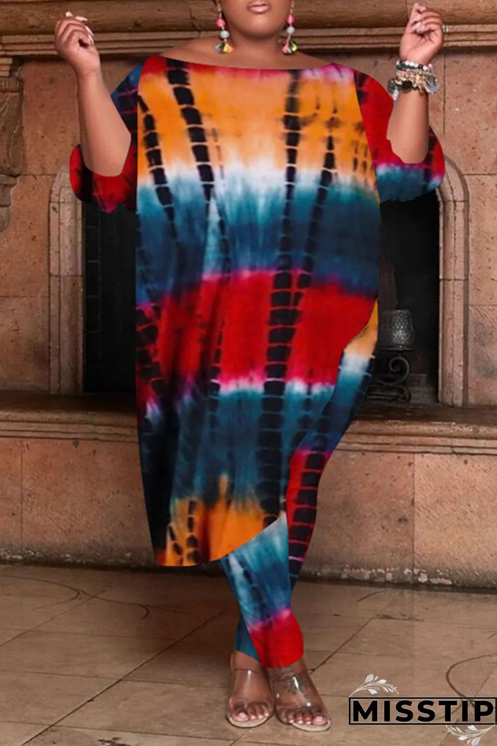 Orange Fashion Casual Tie Dye Asymmetrical O Neck Plus Size Two Pieces