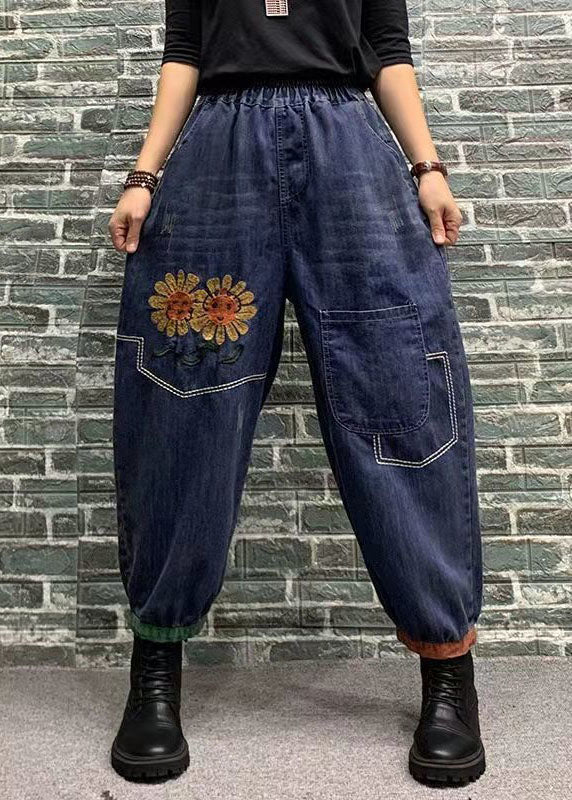 VCSHOES Blue Embroideried Patchwork Elastic Waist Denim Crop Pants Spring