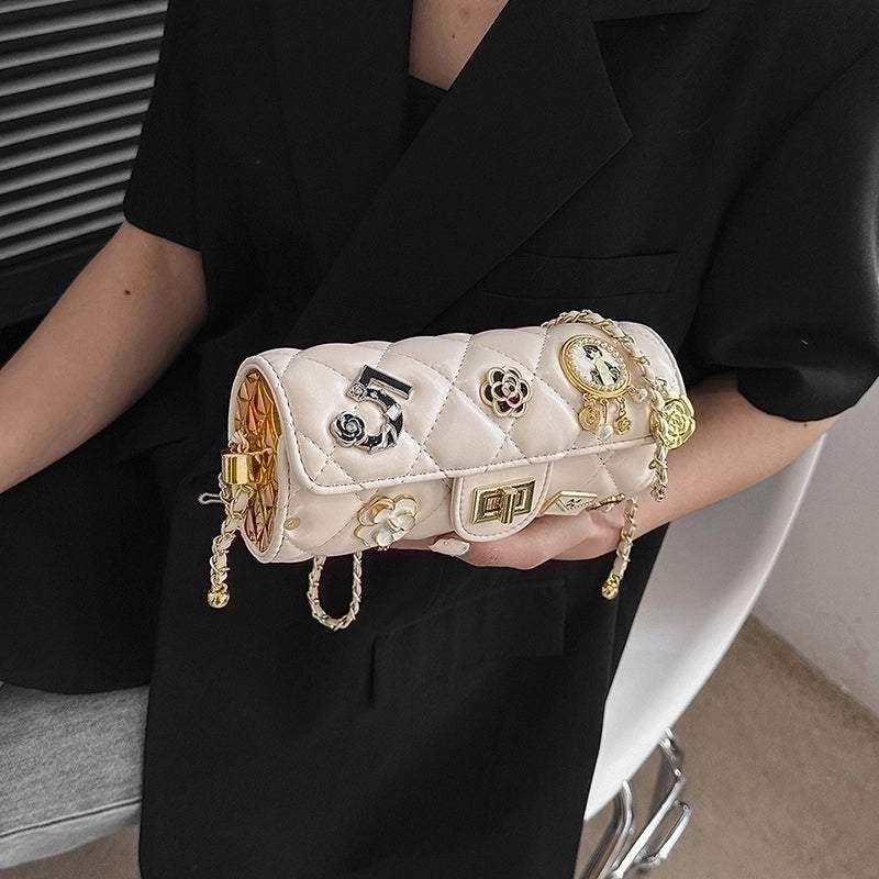 Women’s Medium All Seasons Pu Leather Flower Streetwear Square Lock Clasp Shoulder Bag