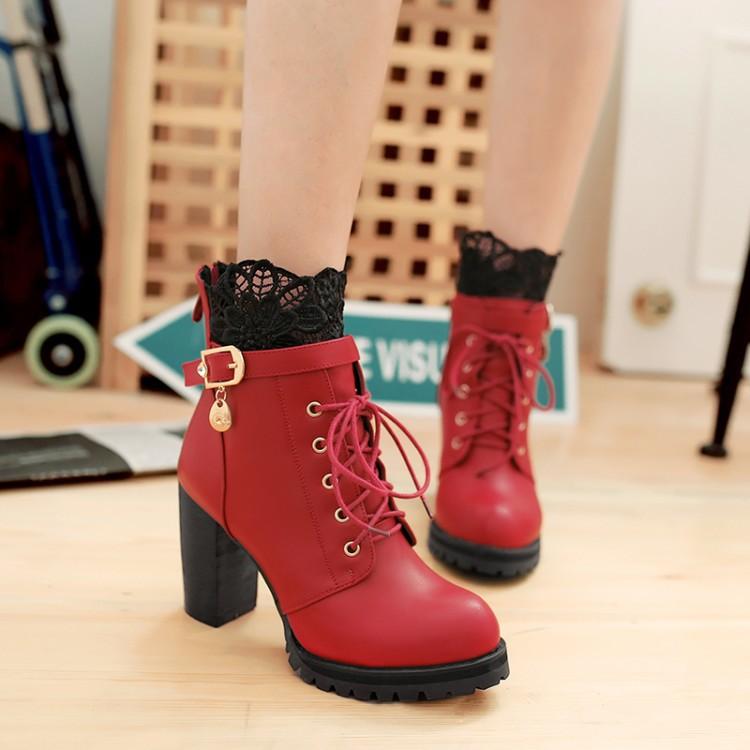 VCSHOES Lace Patchwork Lace UP Round Toe Middle Chunky Heels Short Boots