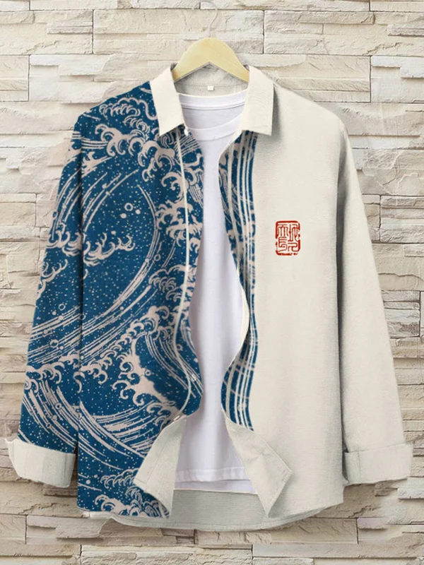 Men's Japanese Rough Seas Wave Art Print Long Sleeve Shirt