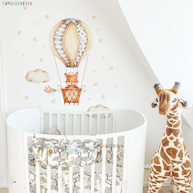 Cute Cartoon Animal Fox Wall Sticker Hot Air Balloon Wall Decals Baby Nursery Room Girls Bedroom Clouds and Stars Kids Stickers