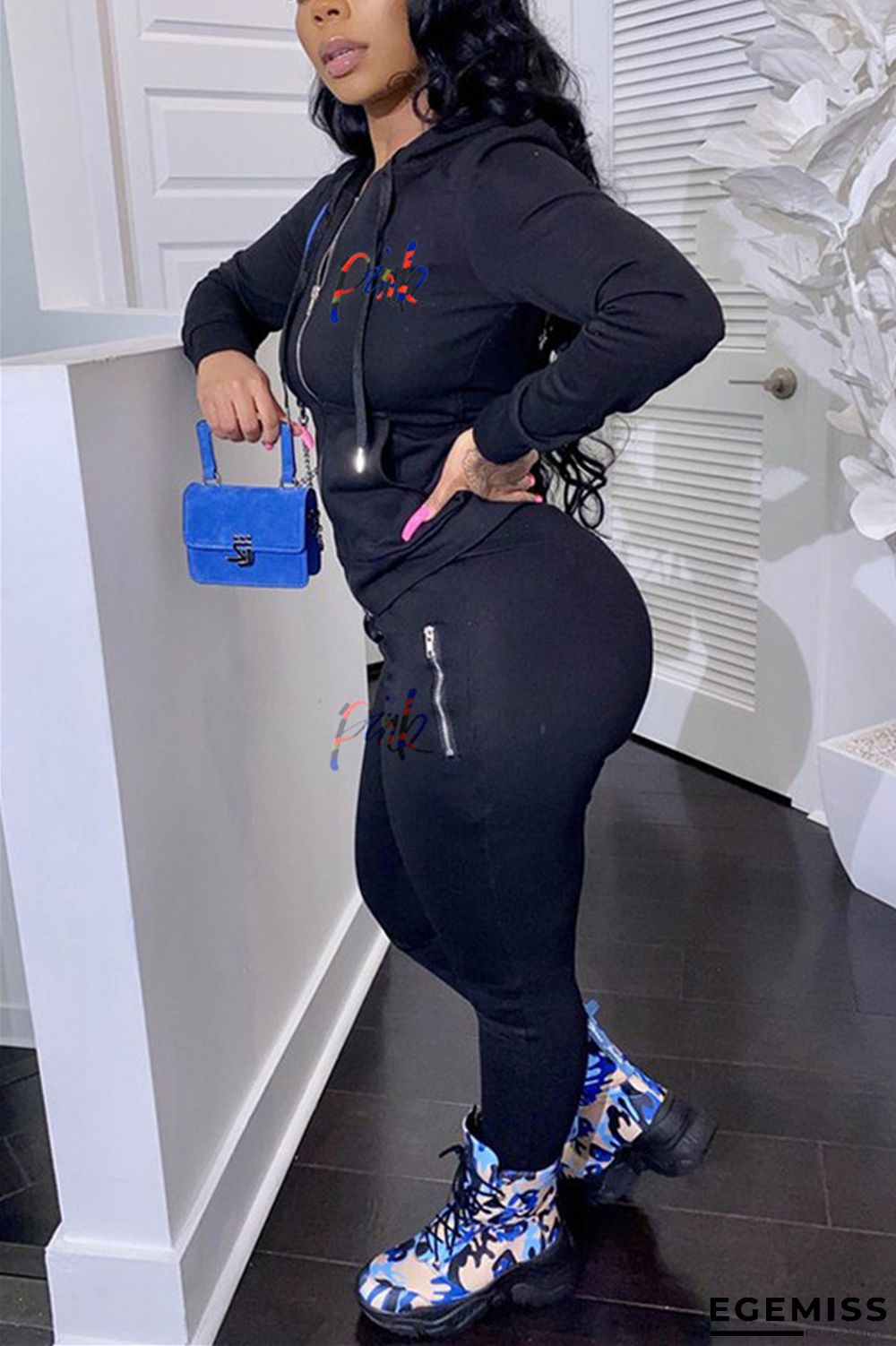 Black Casual Embroidered Hooded Collar Two Pieces | EGEMISS