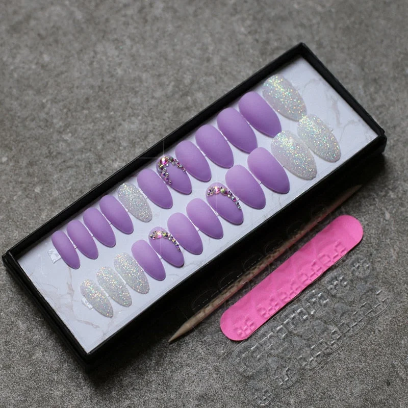 Matte glitter art nails box Match press on nails Burgundy AB rhinestone fasle nails stiletto Custom nails white blue pink-Nail Inspo