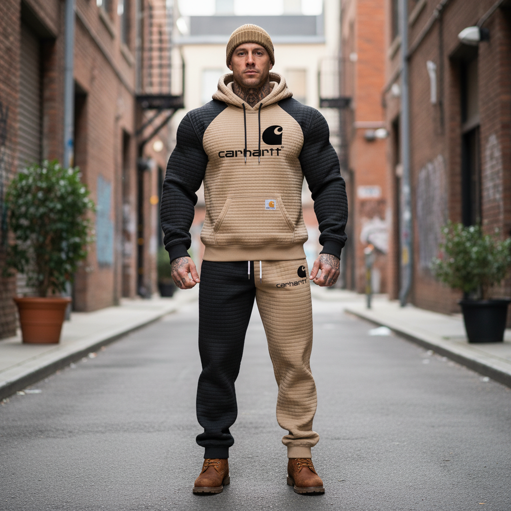 Men's Vintage Black Khaki Waffle Quilted Plaid Pocket Hoodie And Sweatpants Jogger Set