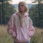 Women's Pink Flower Embroidery Art Long Sleeve Hoodie - Image 2