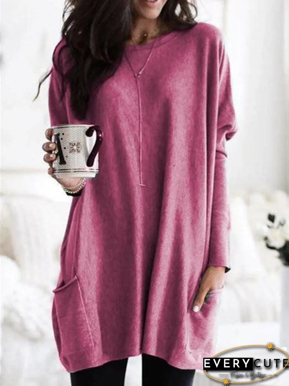 Plus Size Womens Autumn & Winter Casual Top Loose Pocket T-Shirt Long Sleeve Bat Blouse
