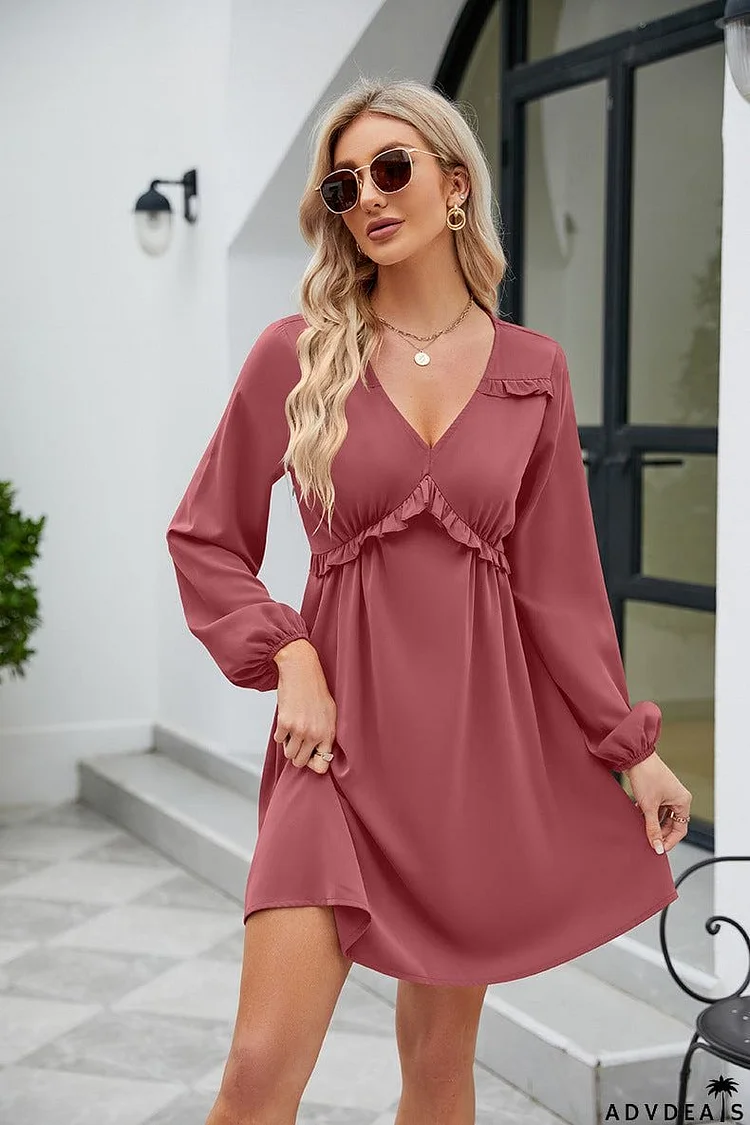 Frill Trim V-Neck Long Sleeve Dress