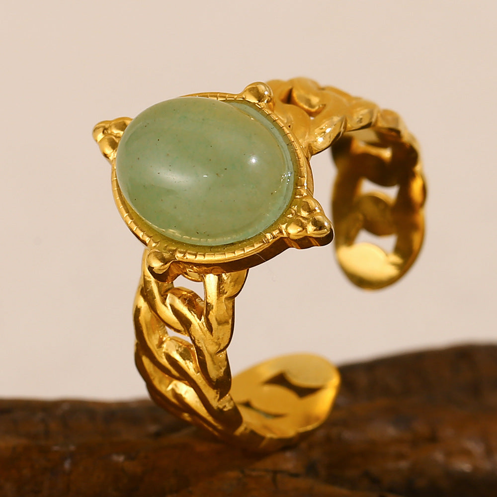 Retro French Style Oval Hand-Made Stainless Steel 18K Gold-Plated Green Aventurine Chain Open Ring