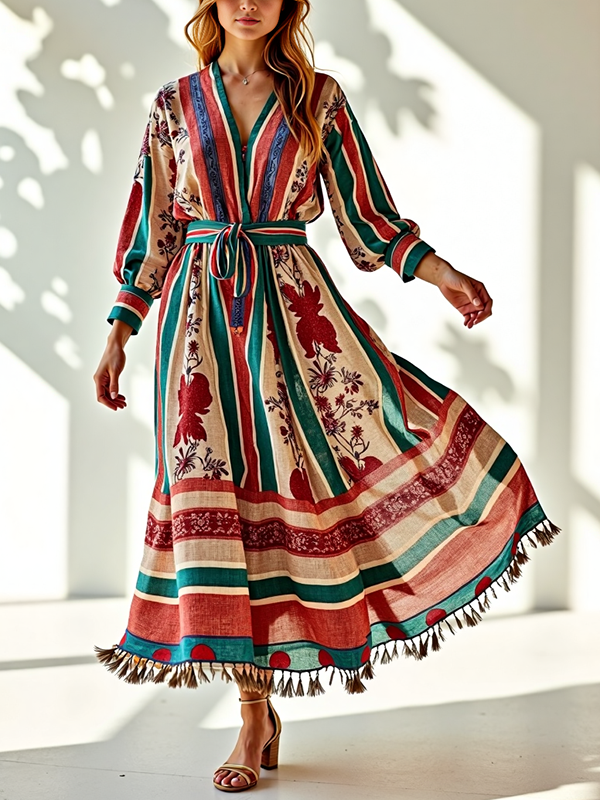 Colorful Striped Pattern Embroidered Long Sleeve V Neck Maxi Dress