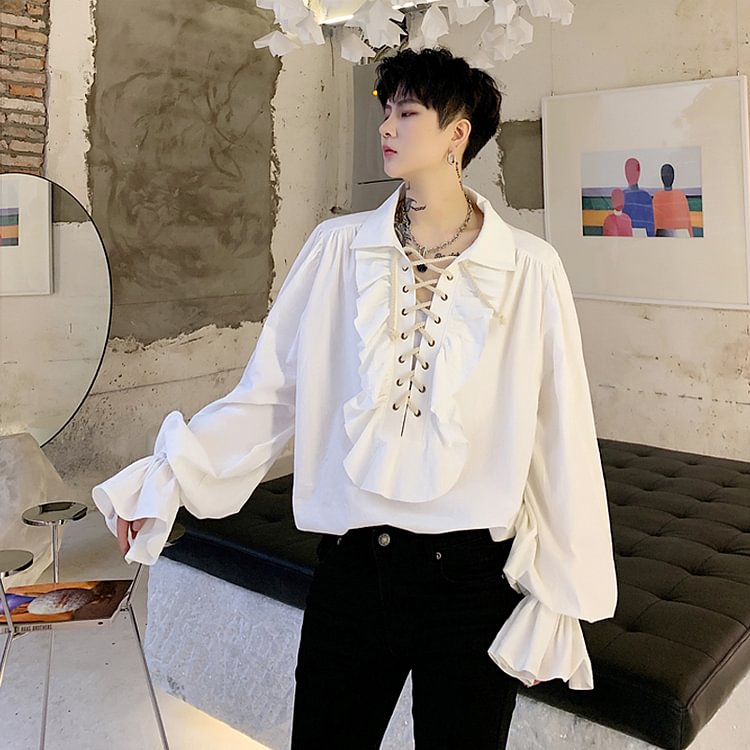 Dawfashion-Dark Court Style Ruffled Drawstring Long-sleeved Shirt-Yamamoto Diablo Clothing