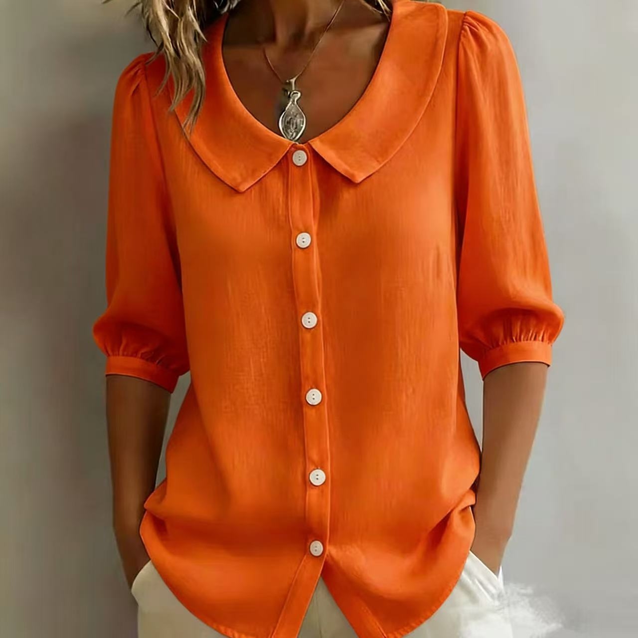 Women's Puff Sleeve Doll Collar Button-up Shirt wearshes