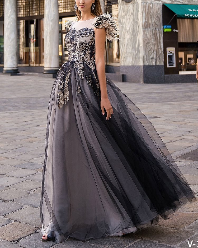 Elegant sequined tulle maxi dress gown