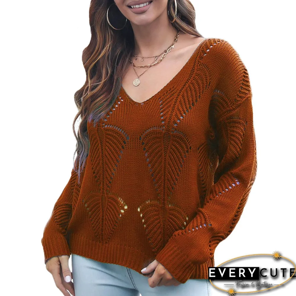 Reddish Brown V Neck Hollow-out Knit Sweater